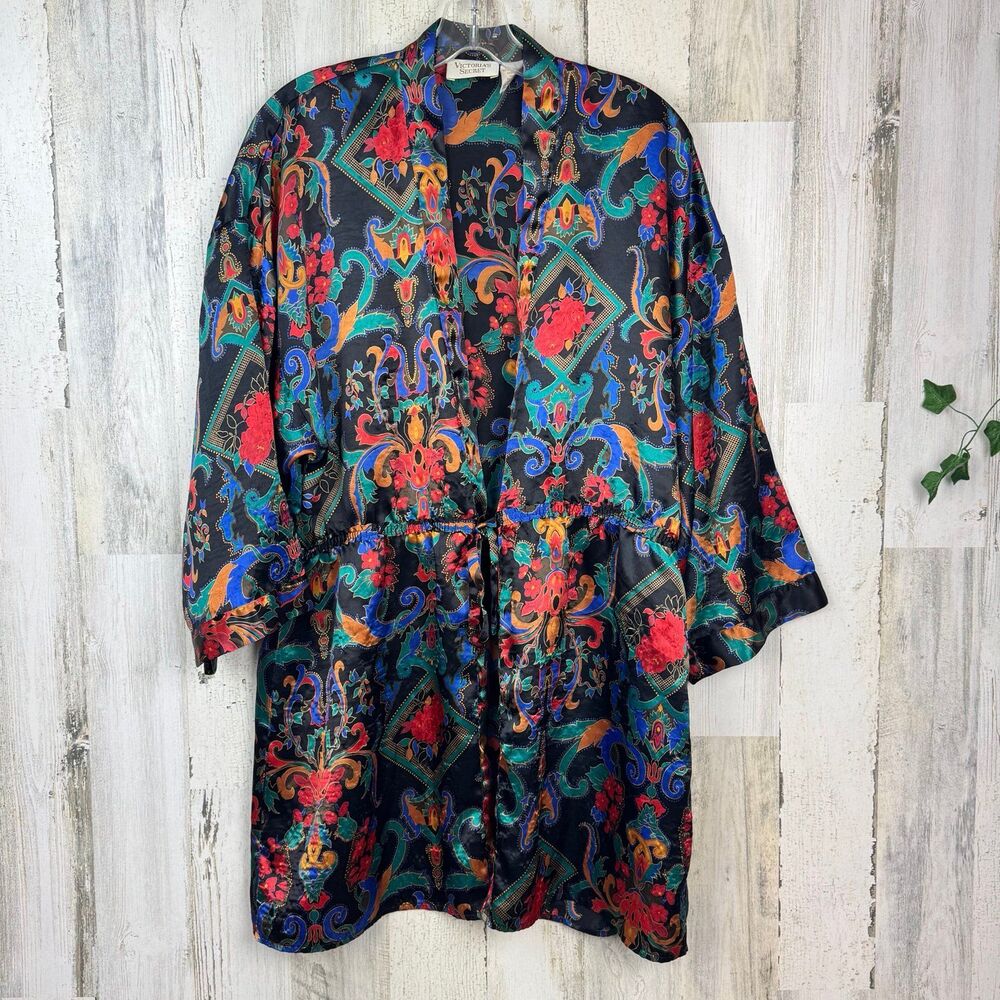 Vintage VICTORIA'S SECRET GOLD LABEL Oversized Robe Size Small S Black Satin